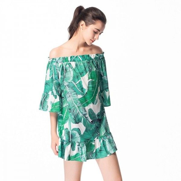 Amazon cross border exclusive one shoulder five sleeve short skirt off shoulder irregular print dress European and American women's wear
