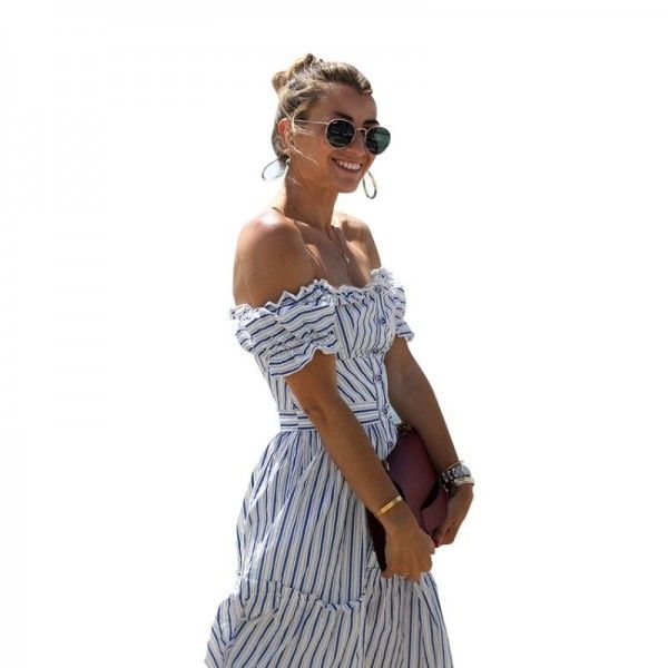 One line collar wood ear dress Europe and America 2020 summer blue and white stripe short sleeve sexy holiday skirt with missing back middle skirt
