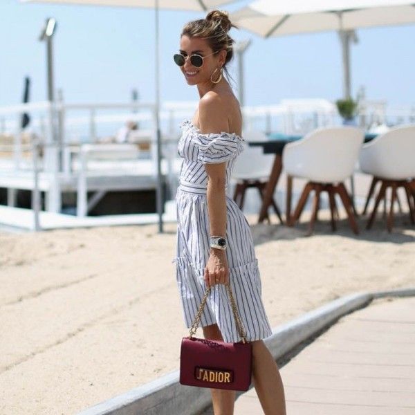 One line collar wood ear dress Europe and America 2020 summer blue and white stripe short sleeve sexy holiday skirt with missing back middle skirt
