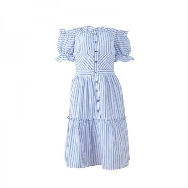 One line collar wood ear dress Europe and America 2020 summer blue and white stripe short sleeve sexy holiday skirt with missing back middle skirt
