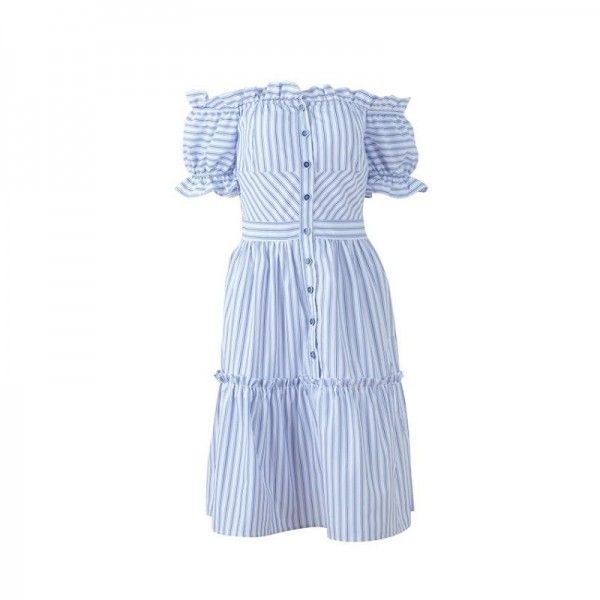 One line collar wood ear dress Europe and America 2020 summer blue and white stripe short sleeve sexy holiday skirt with missing back middle skirt
