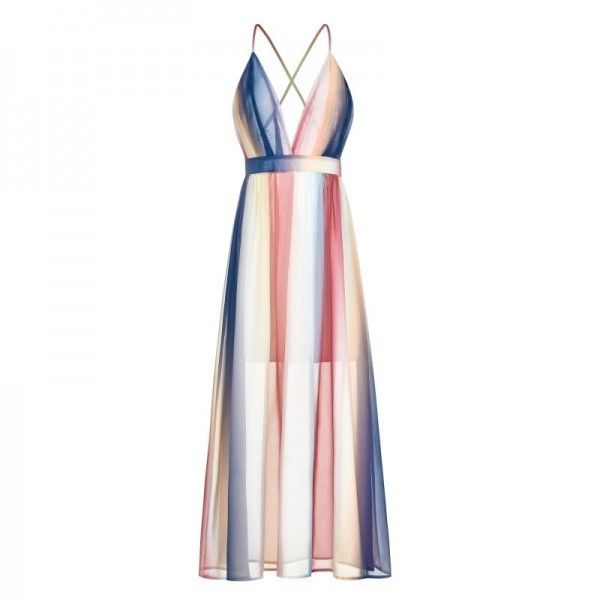 European and American popular open back cross suspender long dress summer cross border hot sale Bohemian Printed Dress
