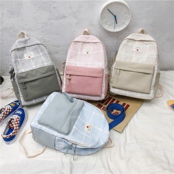 Cross border new ins schoolbag for female students shoulder bag Korean version of Sen Department ancient sense Plaid backpack Japanese canvas bag