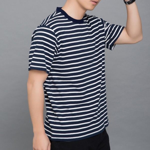 Japanese Hong Kong Style Men's striped short sleeve T-shirt in spring and summer