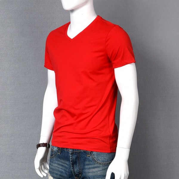 Solid color men's short sleeve T-shirt V-neck fashion trend ice silk cotton slim fit with top and bottom coat