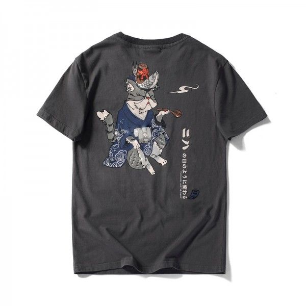 Japanese fashion brand men's short sleeve T-shirt pure cotton pipe cat printing personality youth half sleeve loose top wholesale