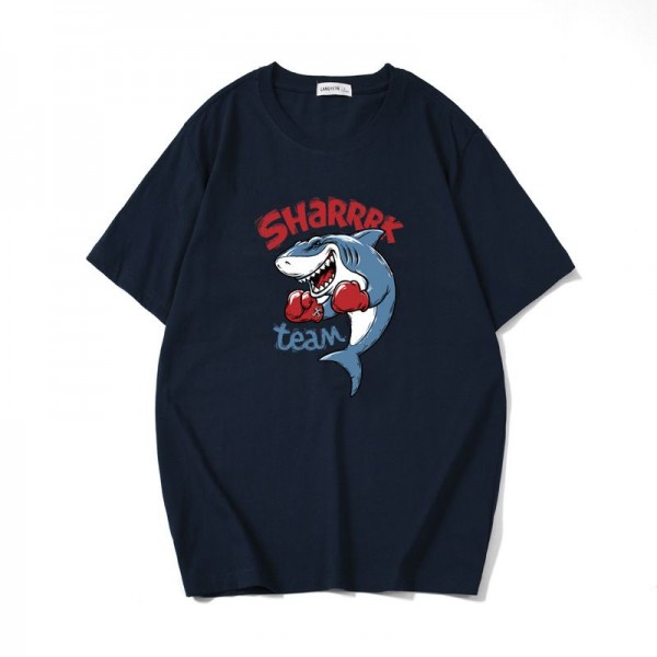 Summer cartoon shark boxer printed short sleeve t-shirt men's Japanese youth big size T-shirt 