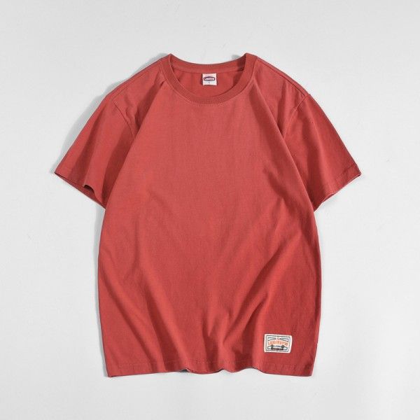 Japanese men's solid color short sleeve T-shirt pure cotton men's round neck water washed and ground wool base coat loose top fashion