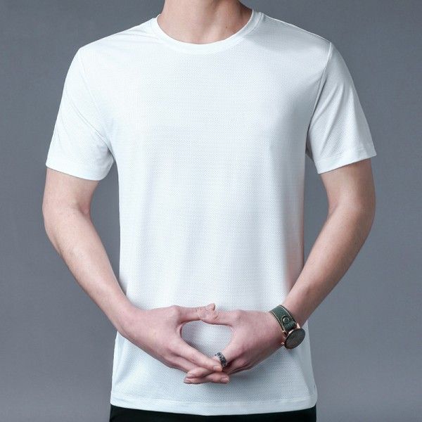 Nylon ice mesh short sleeve t-shirt men's quick drying and breathable Sports Top summer thin men's solid color base shirt