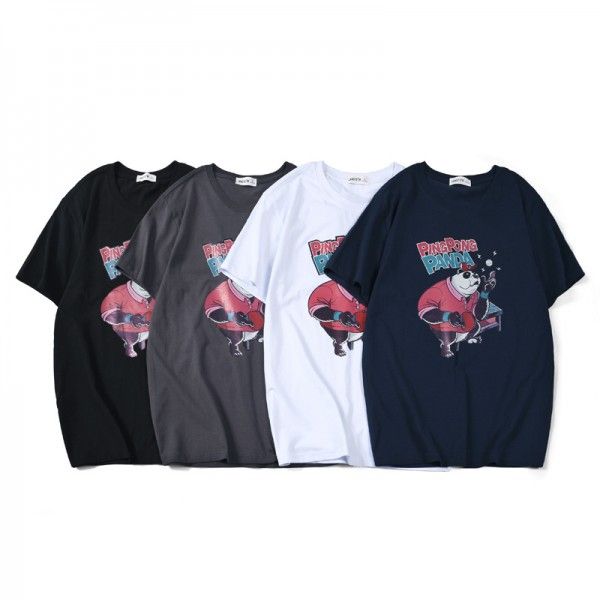 Cotton men's short sleeve T-shirt cartoon panda print half sleeve fashion brand large loose summer top