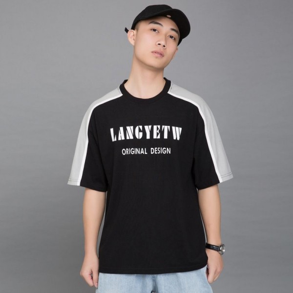 Men's T-shirt 2019 summer new splicing color contrast round neck 5-sleeve t-shirt men's Chaozhou Hongkong fengzhudi cotton T-shirt 