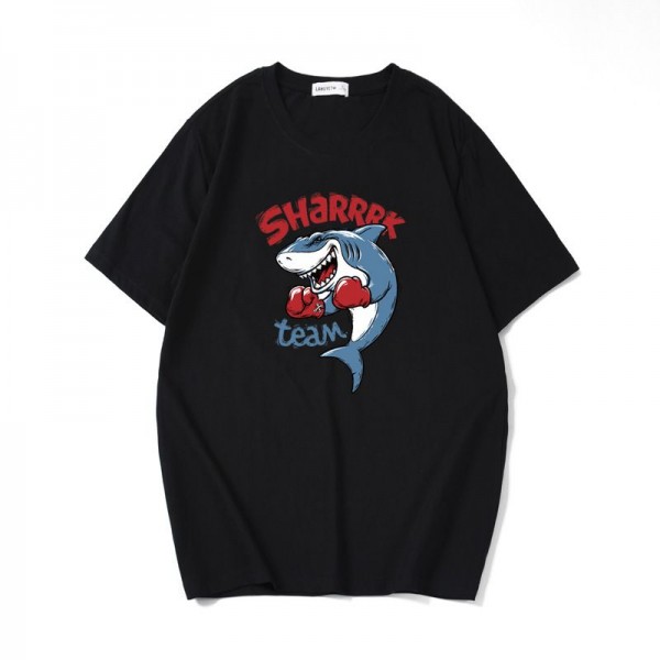 Summer cartoon shark boxer printed short sleeve t-shirt men's Japanese youth big size T-shirt 