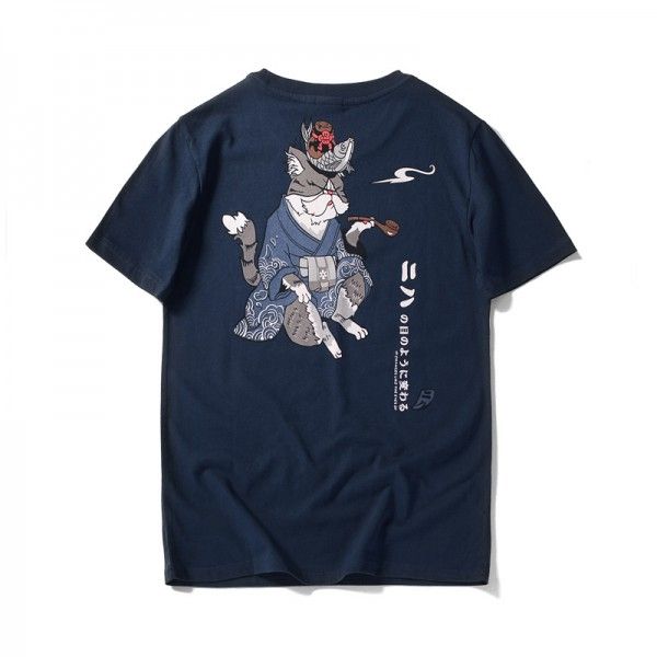 Japanese fashion brand men's short sleeve T-shirt pure cotton pipe cat printing personality youth half sleeve loose top wholesale