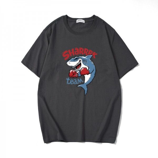 Summer cartoon shark boxer printed short sleeve t-shirt men's Japanese youth big size T-shirt 