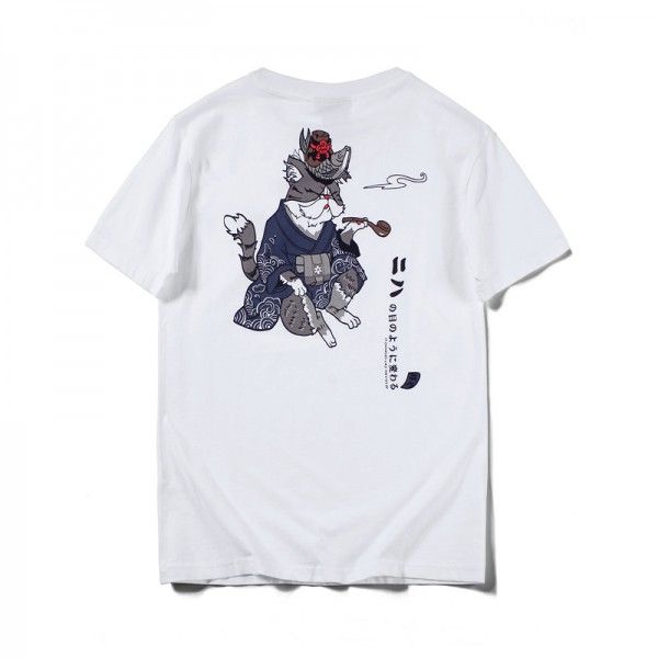 Japanese fashion brand men's short sleeve T-shirt pure cotton pipe cat printing personality youth half sleeve loose top wholesale