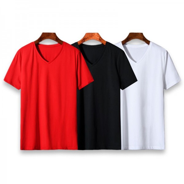 Solid color men's short sleeve T-shirt V-neck fashion trend ice silk cotton slim fit with top and bottom coat