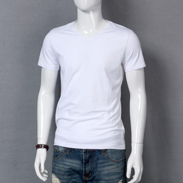 Solid color men's short sleeve T-shirt V-neck fashion trend ice silk cotton slim fit with top and bottom coat