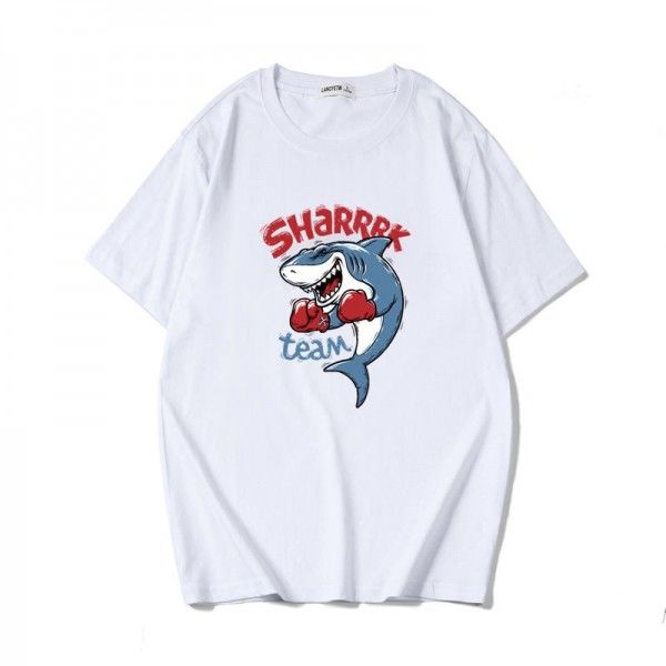 Summer cartoon shark boxer printed short sleeve t-shirt men's Japanese youth big size T-shirt 