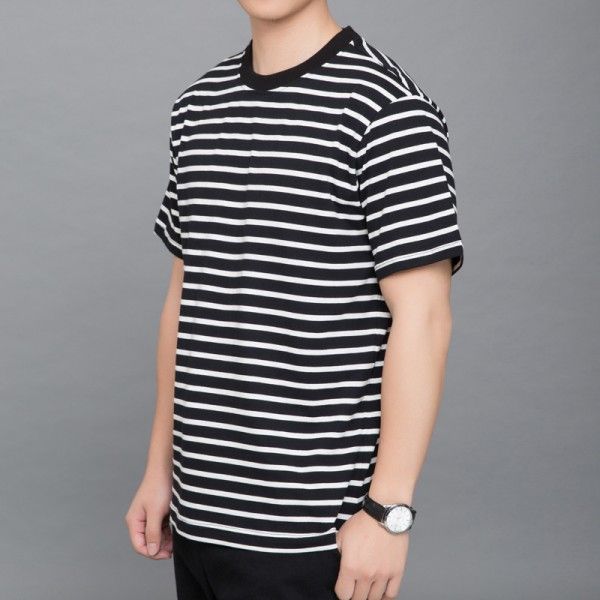 Japanese Hong Kong Style Men's striped short sleeve T-shirt in spring and summer