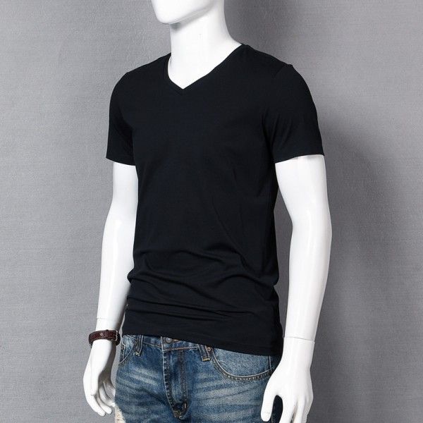 Solid color men's short sleeve T-shirt V-neck fash...