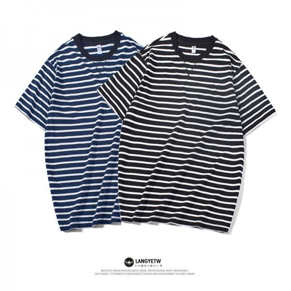 Japanese Hong Kong Style Men's striped short sleeve T-shirt in spring and summer