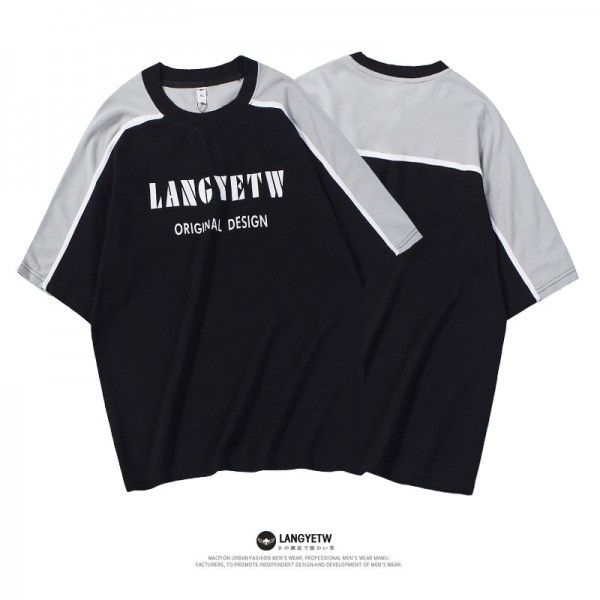 Men's T-shirt 2019 summer new splicing color contr...