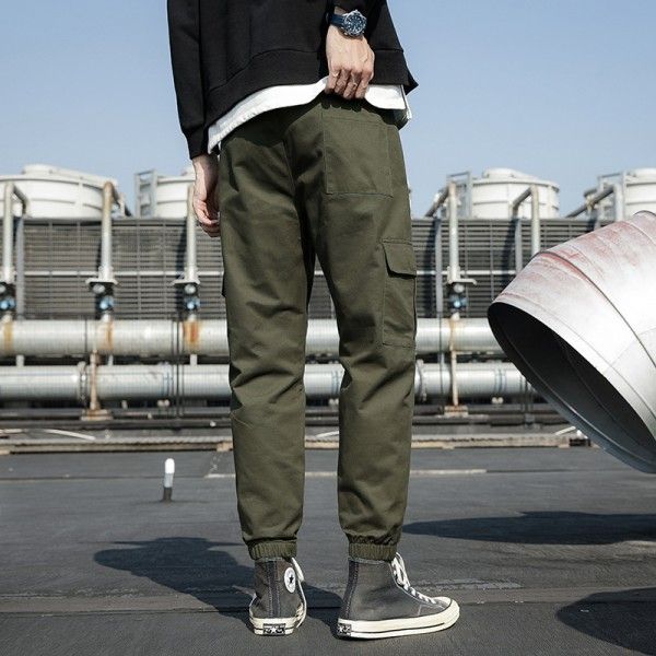 Autumn and winter 2020 new style overalls men's solid color versatile youth loose fashion casual pants men's Japanese tie 