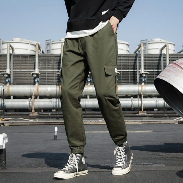 Autumn and winter 2020 new style overalls men's solid color versatile youth loose fashion casual pants men's Japanese tie 