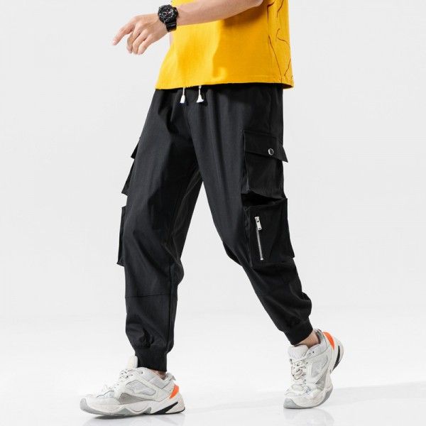 Summer 2020 men's loose functional overalls Korean casual corset men's trendy Multi Pocket drawstring Capris 