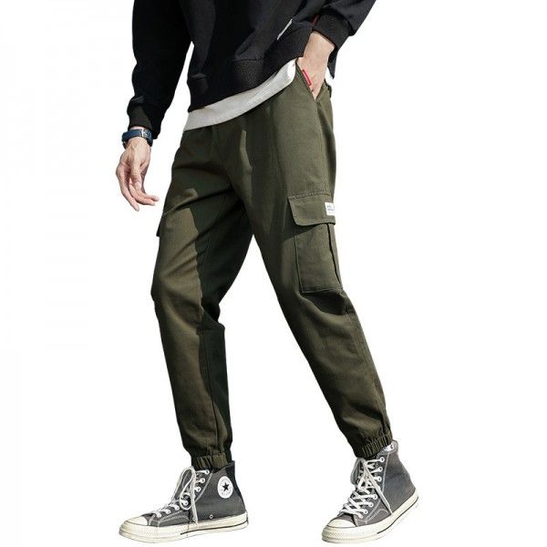 Autumn and winter 2020 new style overalls men's solid color versatile youth loose fashion casual pants men's Japanese tie 