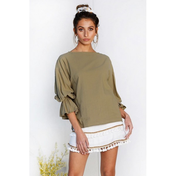 Sumitong new European and American foreign trade women's autumn solid color trumpet sleeve top is available