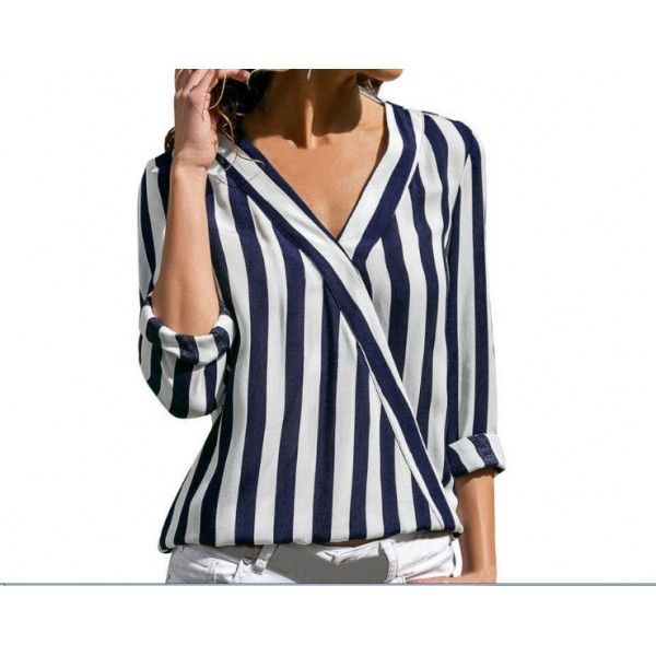 New fall 2018 eBay Amazon European and American women's long sleeve V-neck stripe women's Shirt Top 