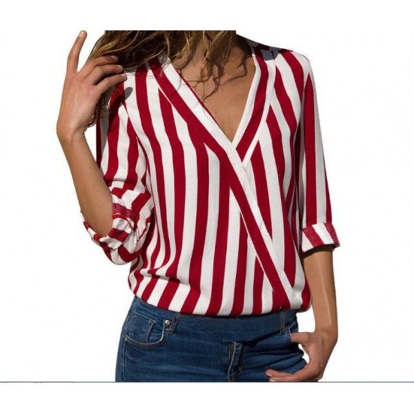 New fall 2018 eBay Amazon European and American women's long sleeve V-neck stripe women's Shirt Top 