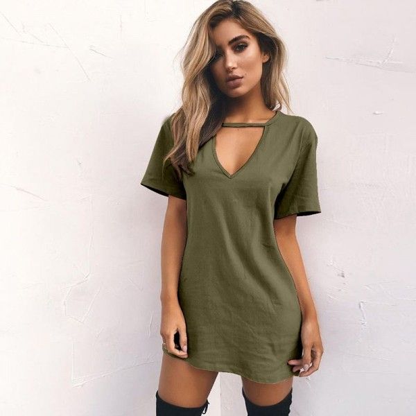 Ebaywish summer hit solid loose short sleeve deep V-neck cut-out T-shirt dress 