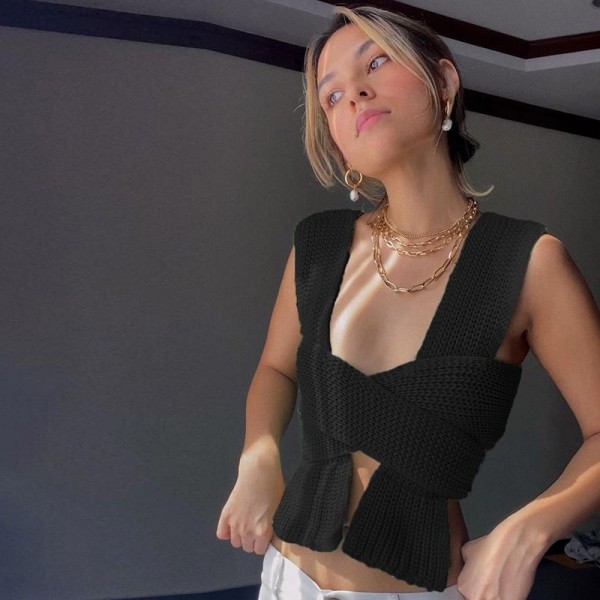 European and American foreign trade new sexy cross denim top 23612p slim sexy temperament base woolen vest female