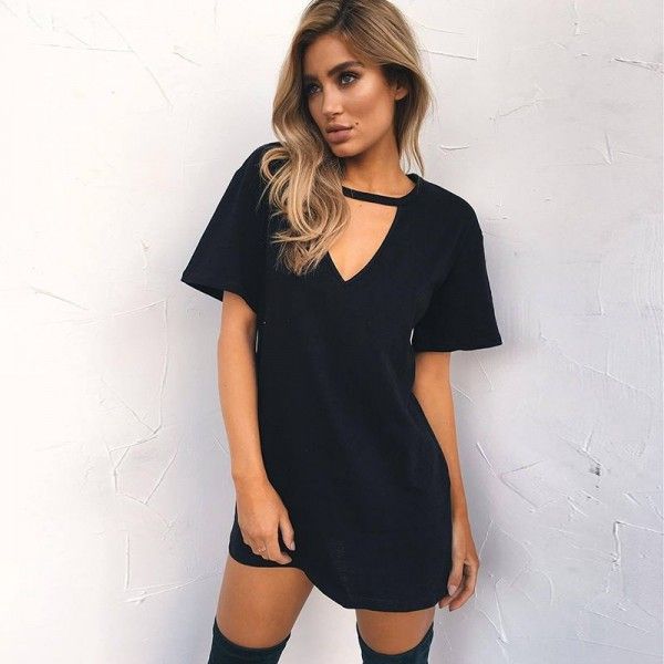 Ebaywish summer hit solid loose short sleeve deep V-neck cut-out T-shirt dress 
