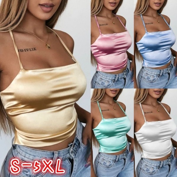 Europe and the United States summer new pure color women's sexy nightclub simulation silk suspender strap top bottom shirt