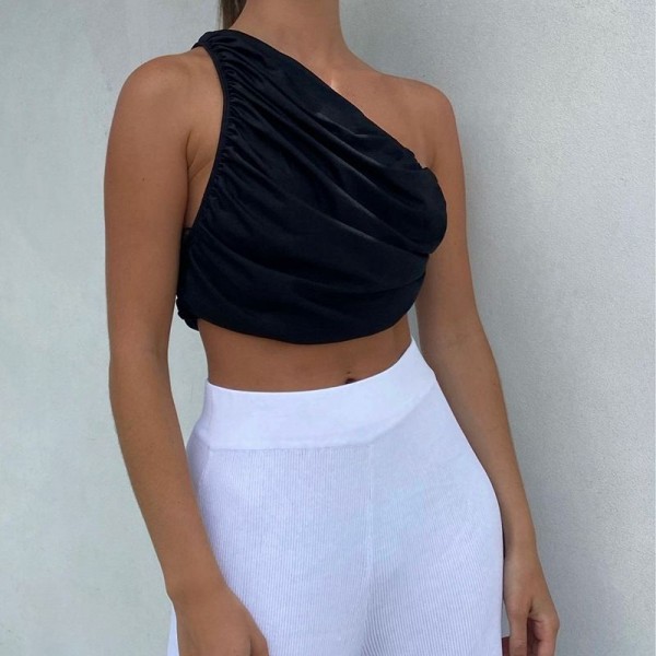 European and American foreign trade fashion new waistcoat women's 28453p sexy one shoulder solid color slim pleated waistcoat women's hair
