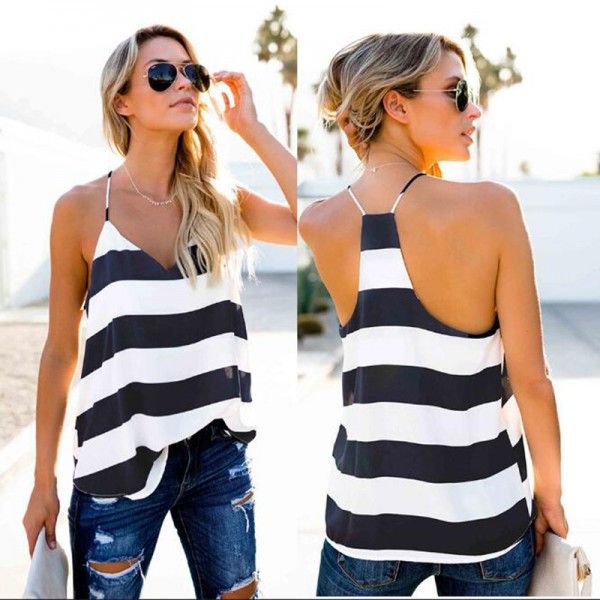 2019wish hot summer fashion V-neck versatile open back striped Halter Top 