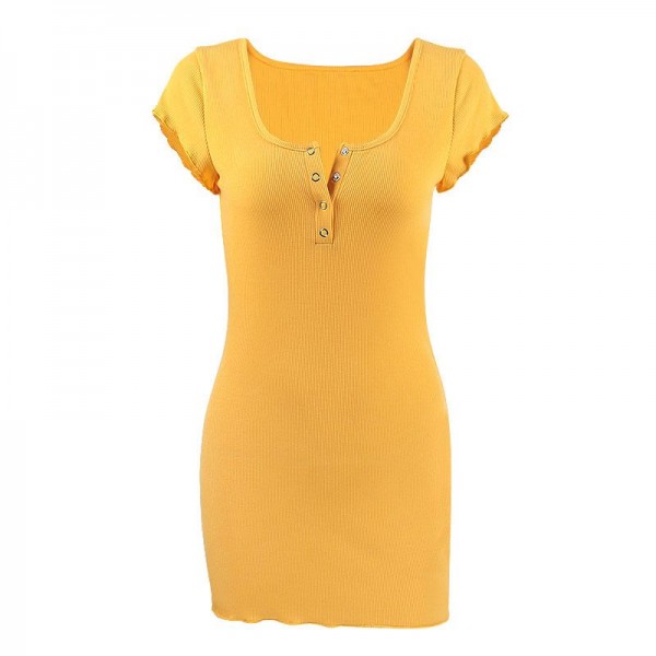 Cross border new button short sleeve hip skirt 80066 European and American new sexy women's short sleeve dress hair