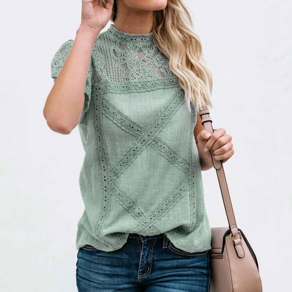 European and American clothing summer lace T-shirt summer short sleeve geometric stitching lace top 