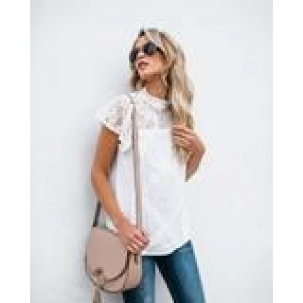 European and American clothing summer lace T-shirt summer short sleeve geometric stitching lace top 
