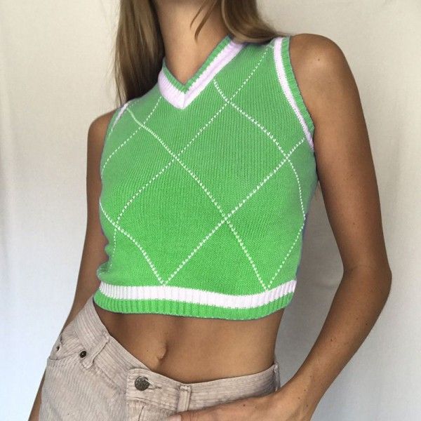 23424p contrast line diamond lattice V-neck three tank top Y2K fashion trend navel revealing Sexy Sports sweater 