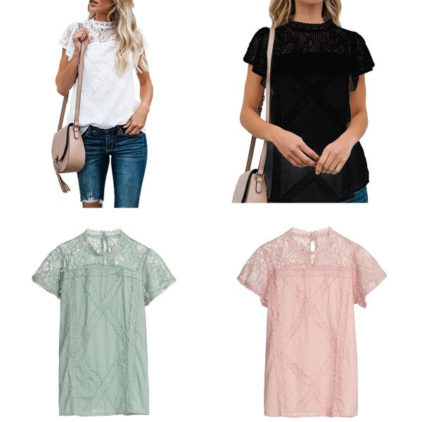 European and American clothing summer lace T-shirt summer short sleeve geometric stitching lace top 