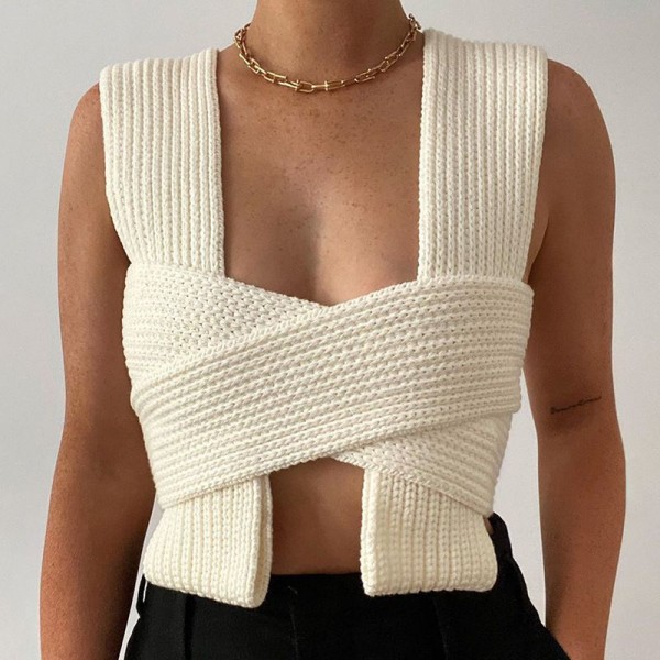 European and American foreign trade new sexy cross denim top 23612p slim sexy temperament base woolen vest female