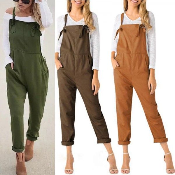 Europe and the United States in the summer of 2018 loose casual pocket belt pants women's large one-piece pants 