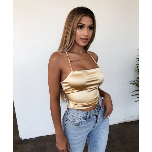 Europe and the United States summer new pure color women's sexy nightclub simulation silk suspender strap top bottom shirt