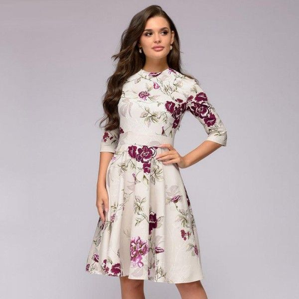 2018 spring and autumn women's dress retro banquet round neck Printed Dress Fashion A-line sexy casual dress 