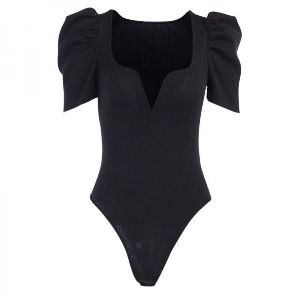 23028 European and American button one piece women's spring and summer 2020 foreign trade new pleated bubble sleeve cross border 