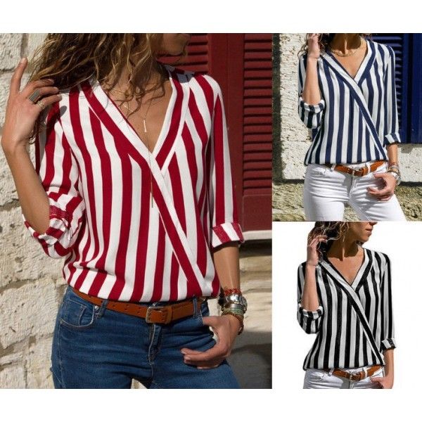 New fall 2018 eBay Amazon European and American women's long sleeve V-neck stripe women's Shirt Top 
